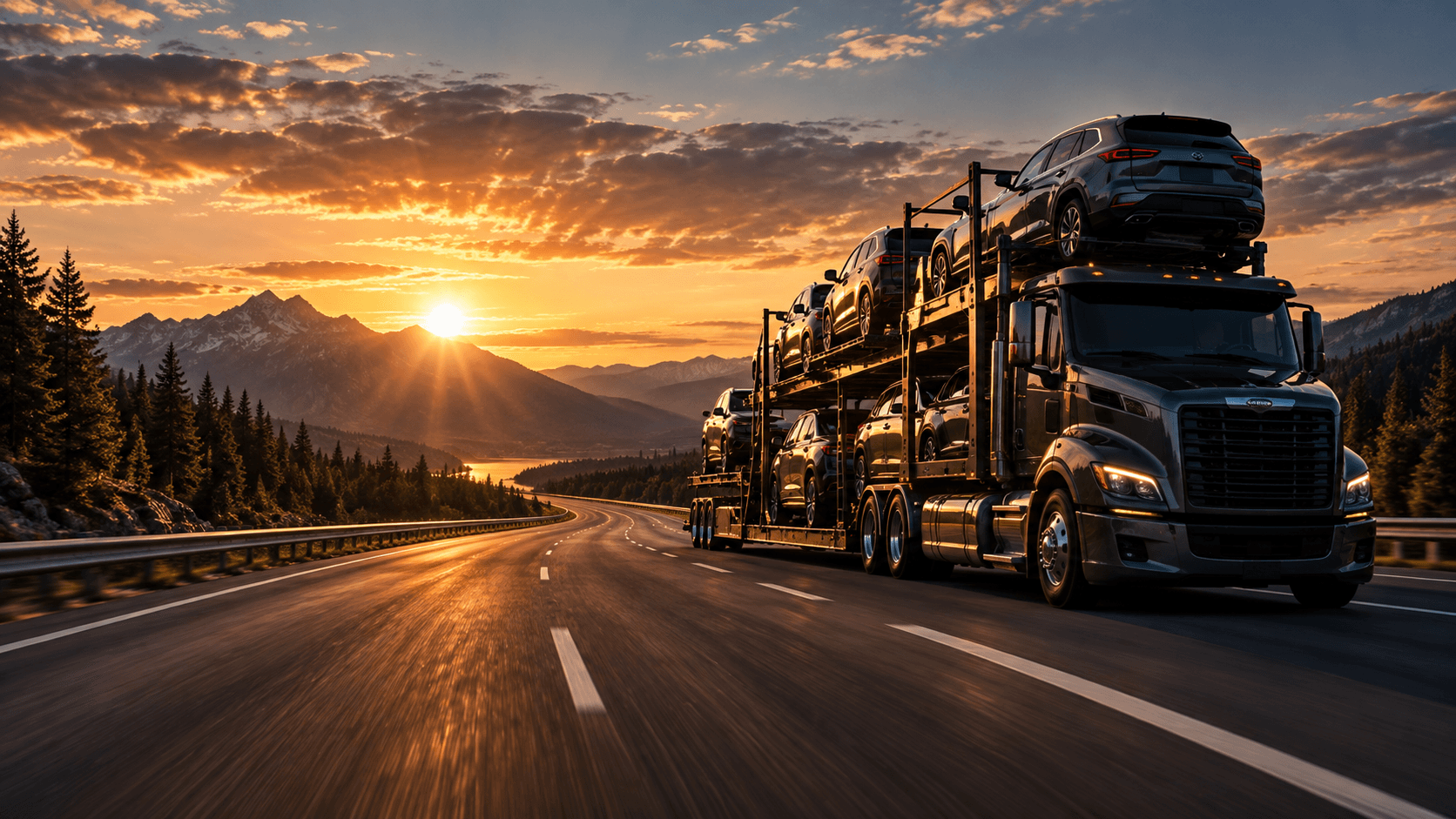 Car carrier truck driving a highway at sunset in the mountains