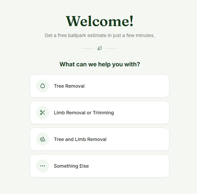 Tree Service Estimator homeowner service selection screen