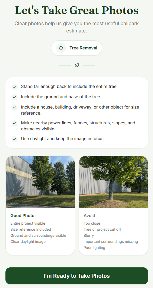 Tree Service Estimator homeowner photo guidance screen